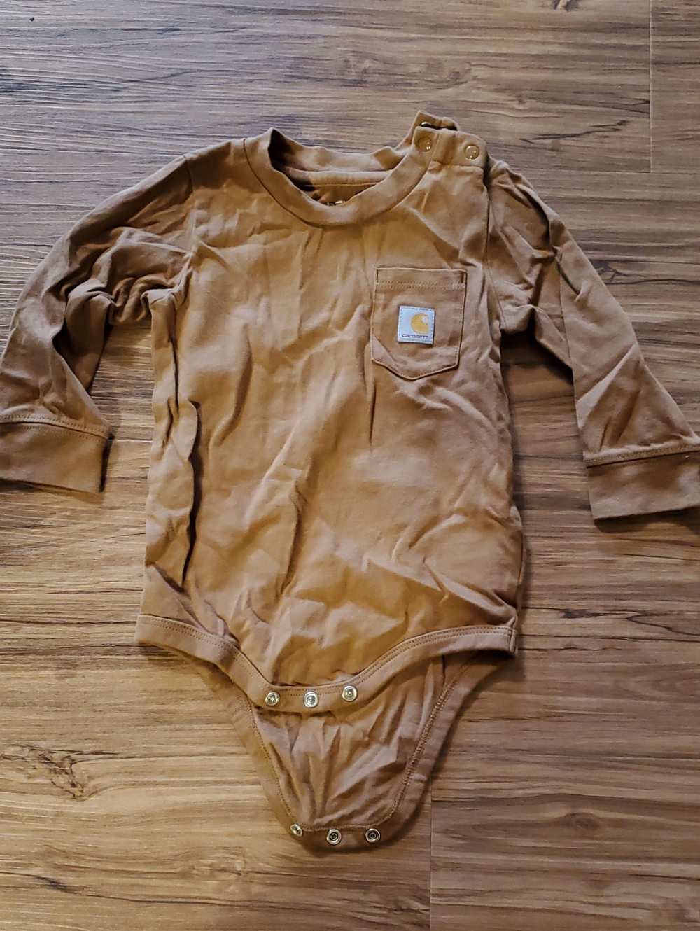 Carhartt Tan/Brown Long Sleeve Baby Bodysuit with Logo Pocket